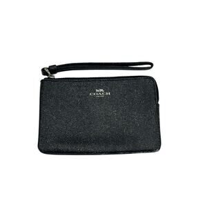 Coach Women's Black Silver Glittery Crossgrain Leather Corner Zip Wristlet
